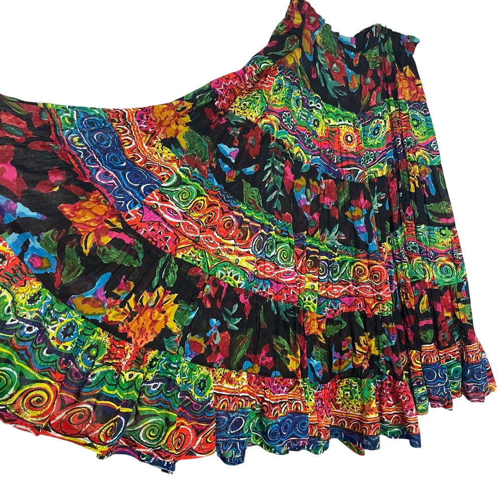 Vintage Hippie Skirt Colorful Tiered Broomstick Midi Floral Abstract Print Boho
